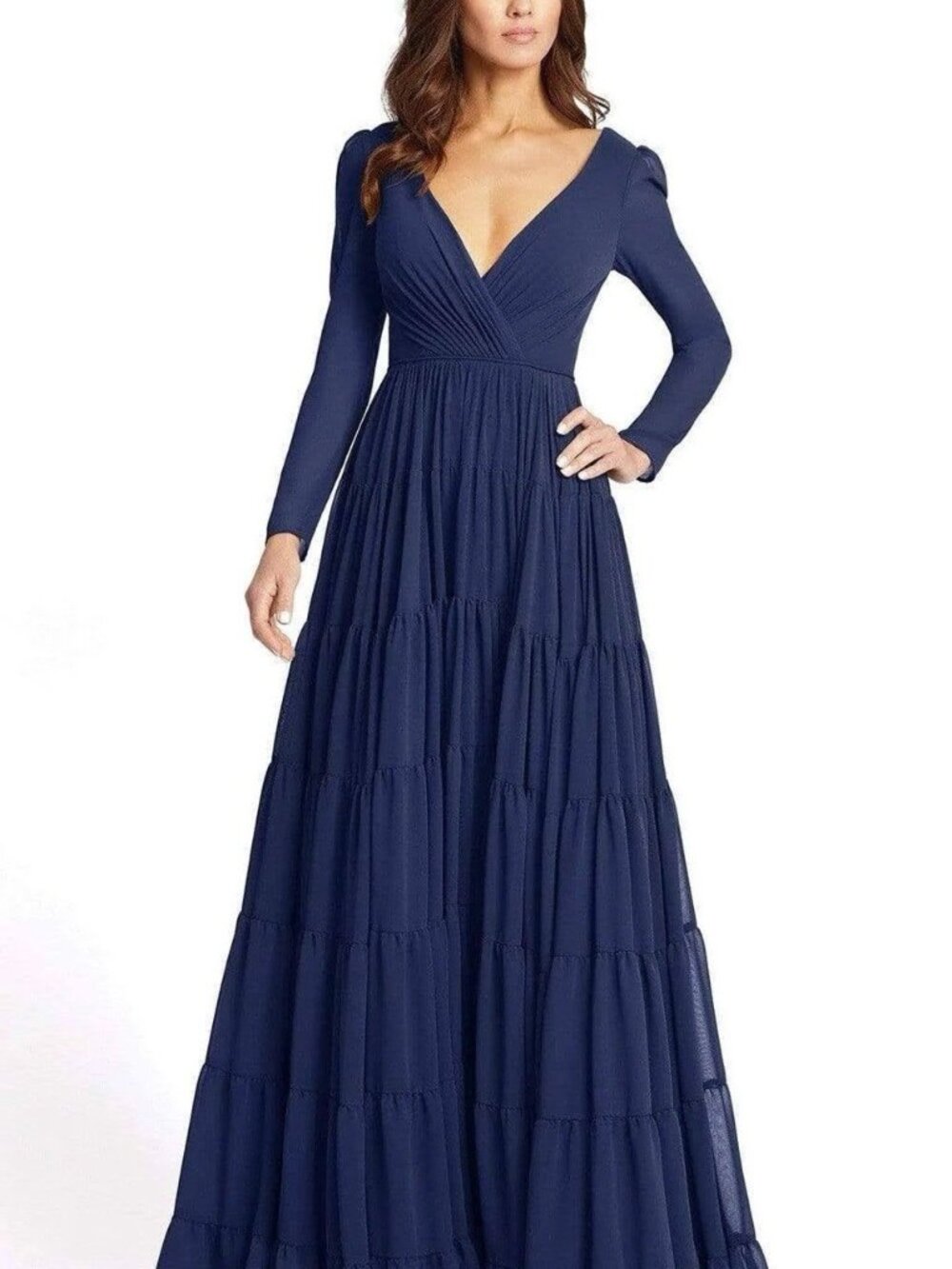 Mac Duggal Size 4 Navy Blue 55311 Tiered Long Sleeve Formal Gown Dress NWT